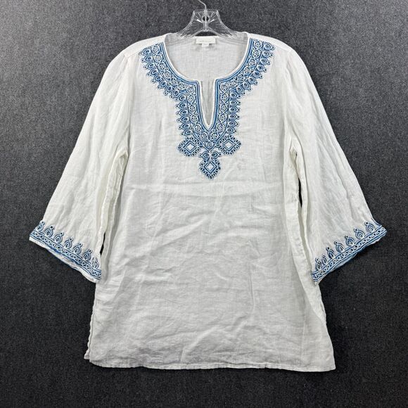 J Jill Love Linen Tunic Women's Small White Linen Embroidered ¾ Sleeve Bell - Picture 1 of 7